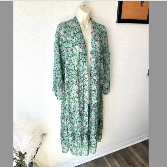 Anthropologie Muche Et Muchette M-L Green Floral Ruffled Duster Kimono Cover Up - Picture 6 of 12
